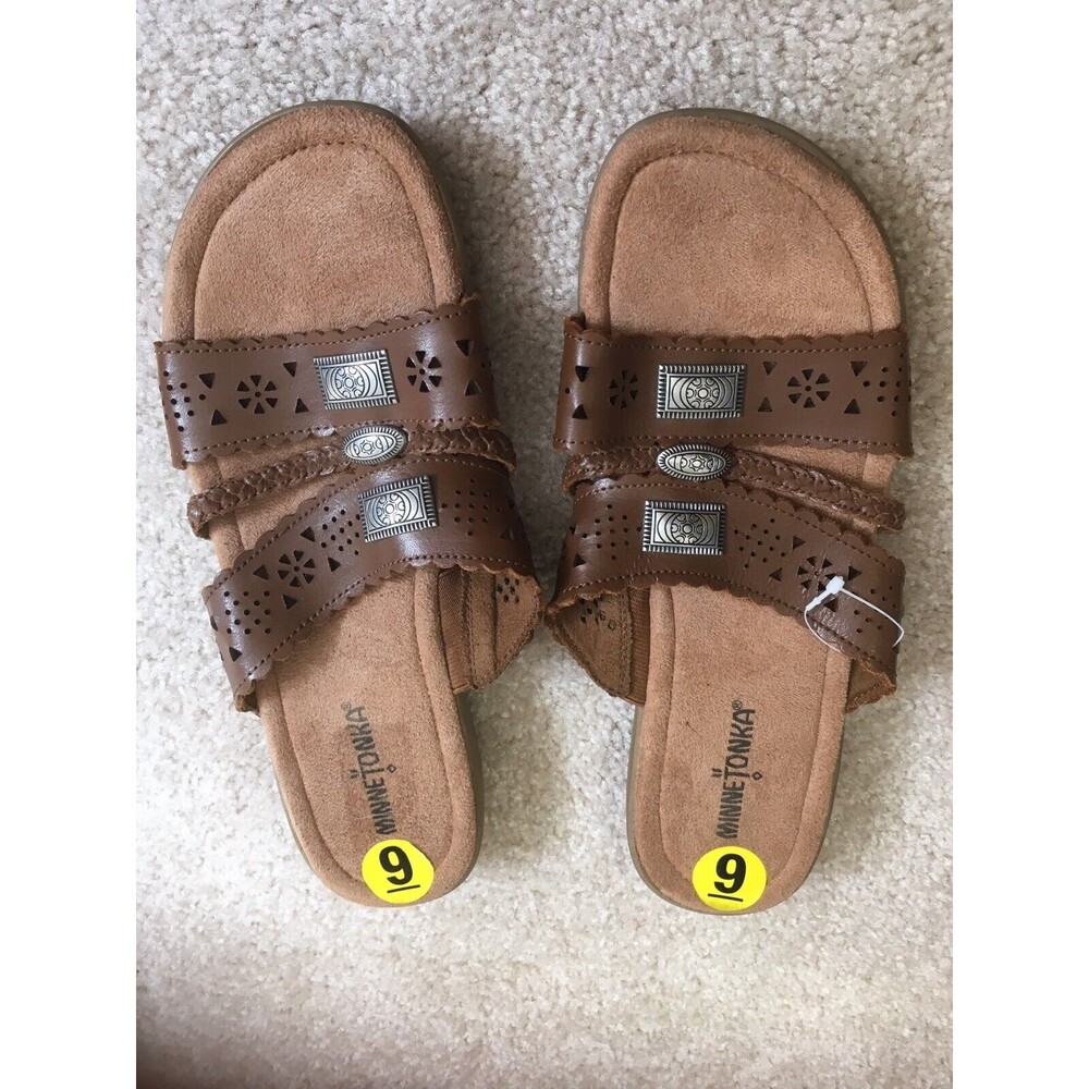 Minnetonka Womens Size 9 Brown Leather Slip On Slide Sandals